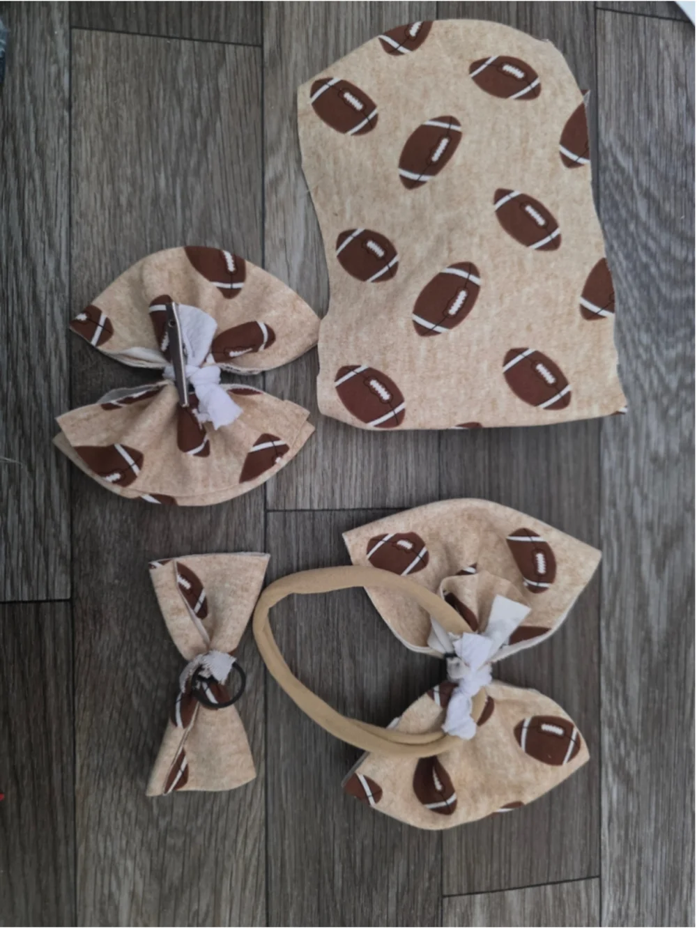 Baby Hair Accessory Set Beige Brown Football Print Handmade Bows
